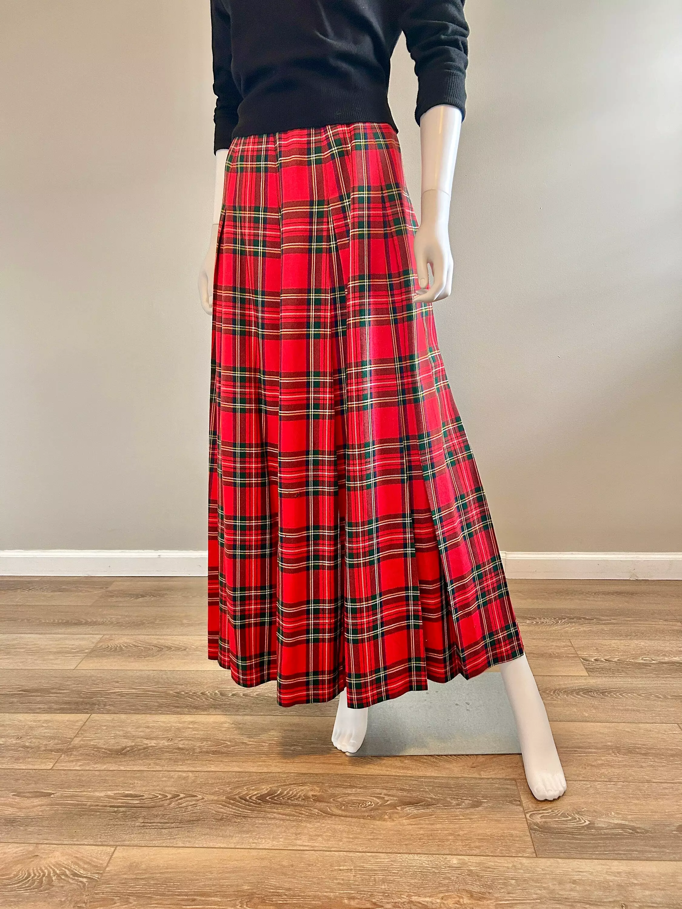 1950s Red Tartan Plaid Maxi Skirt | 50s Retro Holiday Skirt | XS S