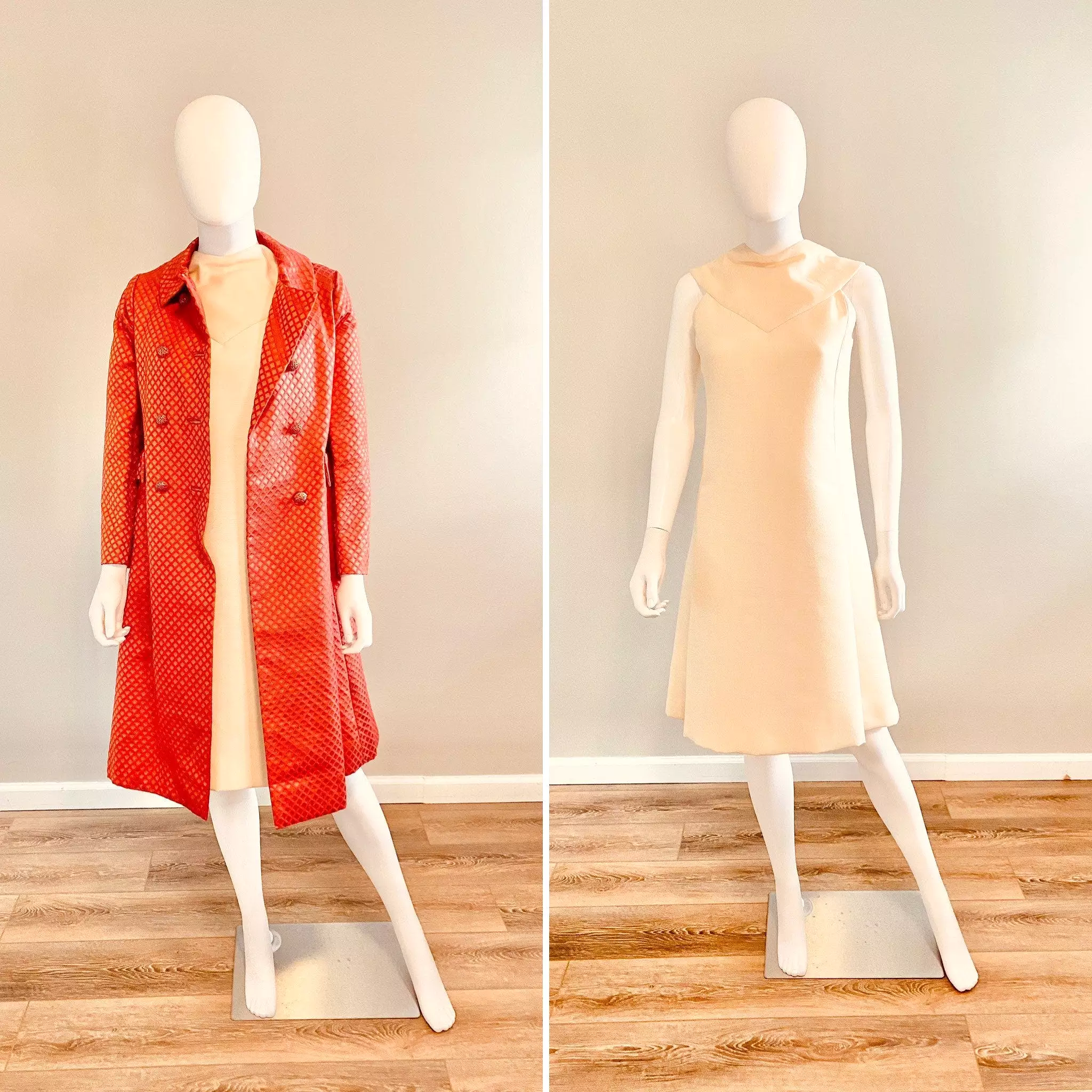 1960s Malcom Starr vintage red coat and shift dress set in XS S size.