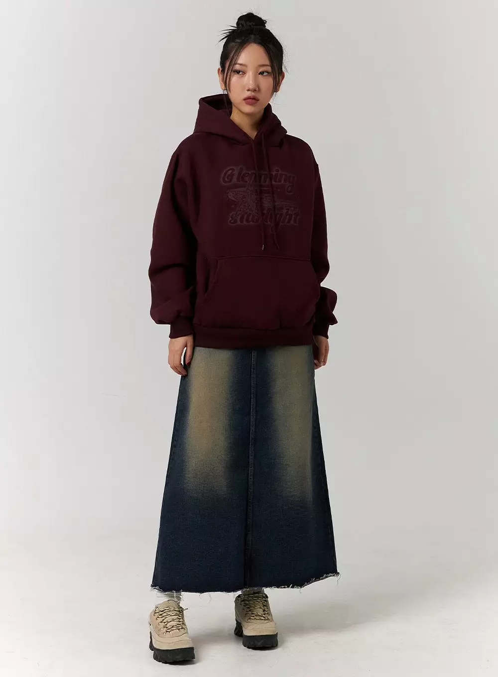 A-Line Maxi Denim Skirt in Distressed Style CD329