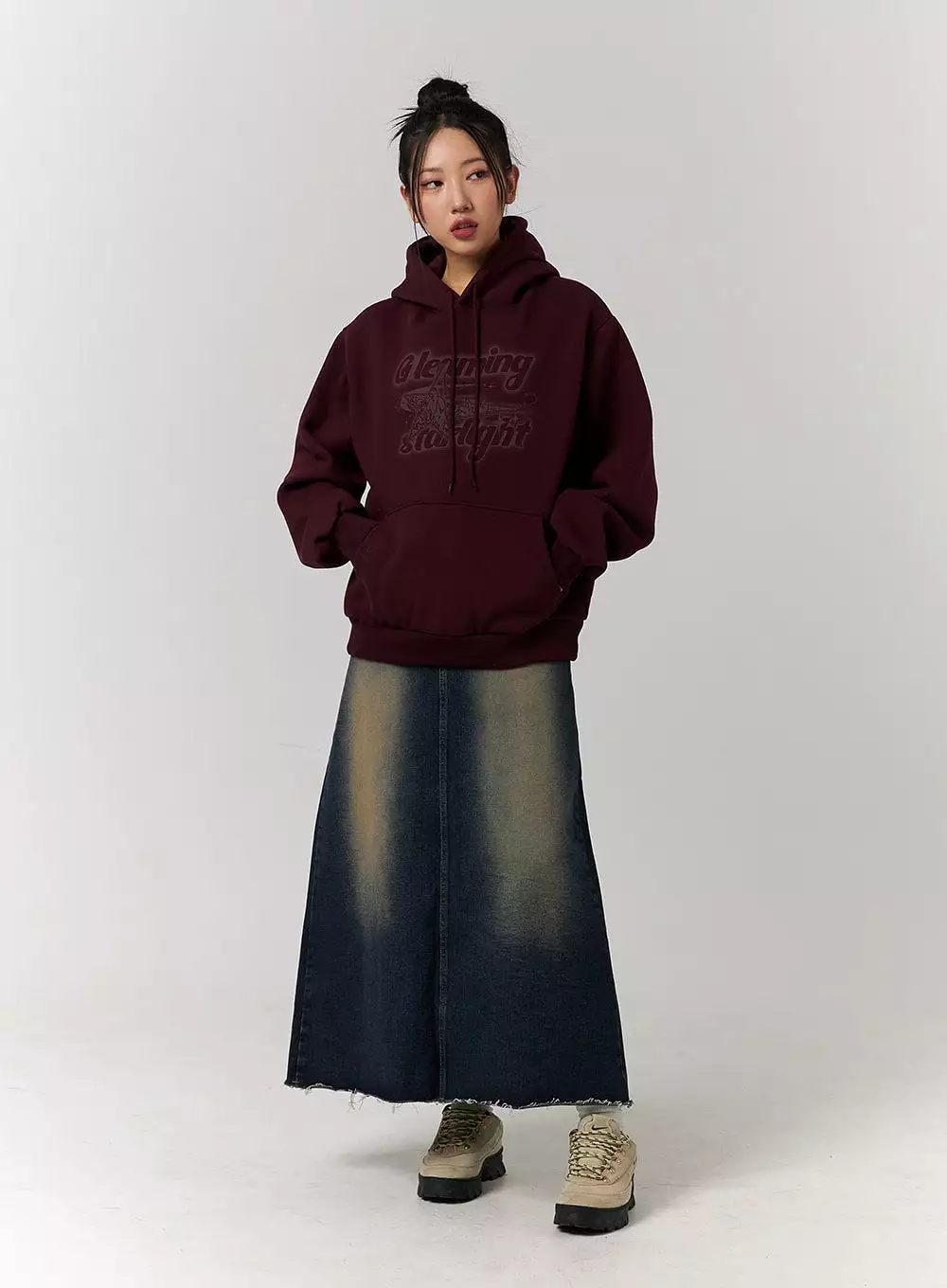 A-Line Maxi Denim Skirt in Distressed Style CD329