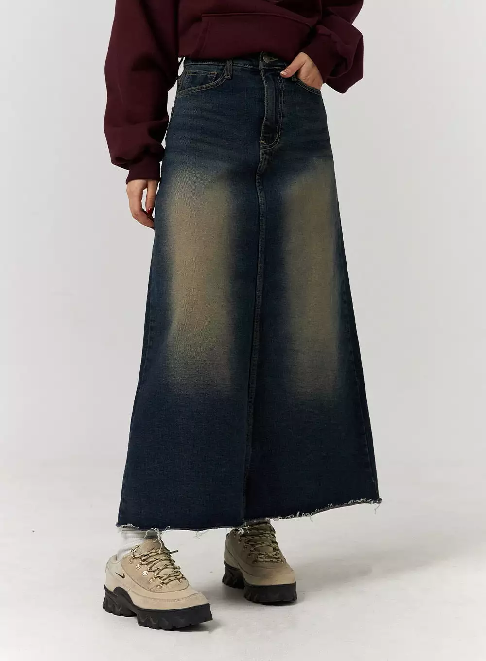 A-Line Maxi Denim Skirt in Distressed Style CD329