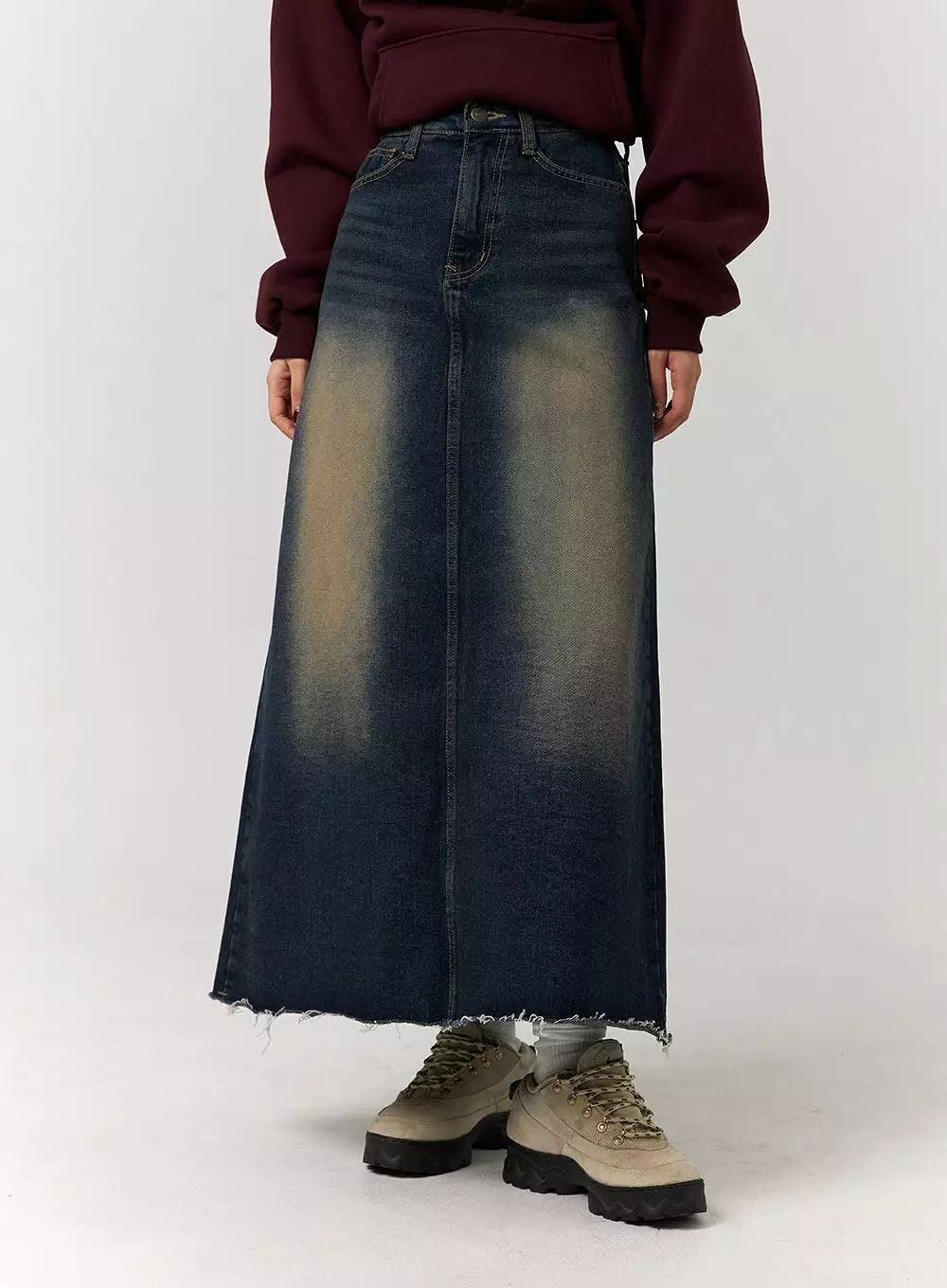 A-Line Maxi Denim Skirt in Distressed Style CD329