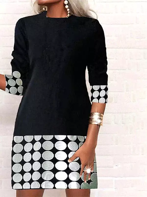 A-Line Polka Dot Shift Dress with Geometric Print - Stand Collar