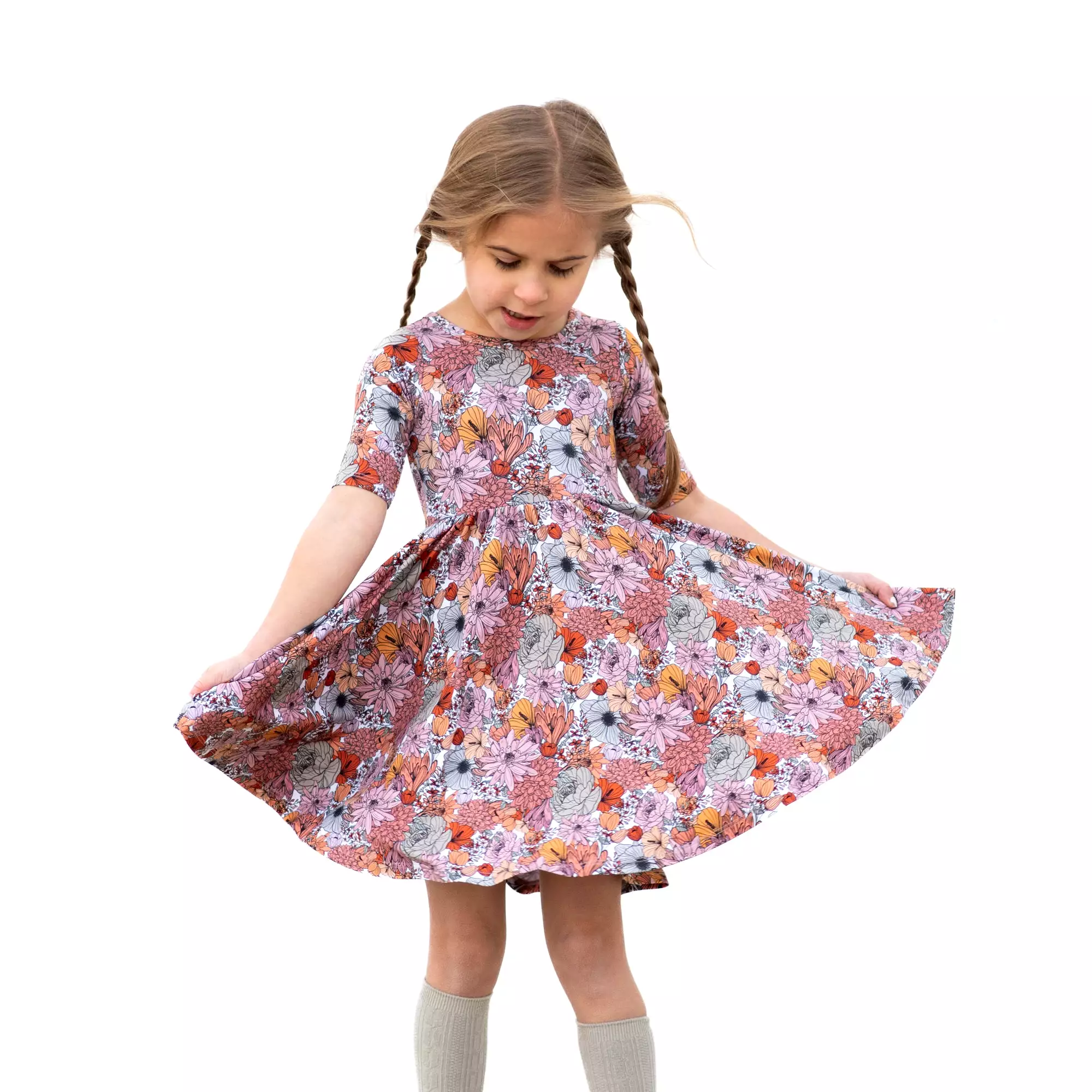 Autumn Floral Mid Sleeve Twirl Dress