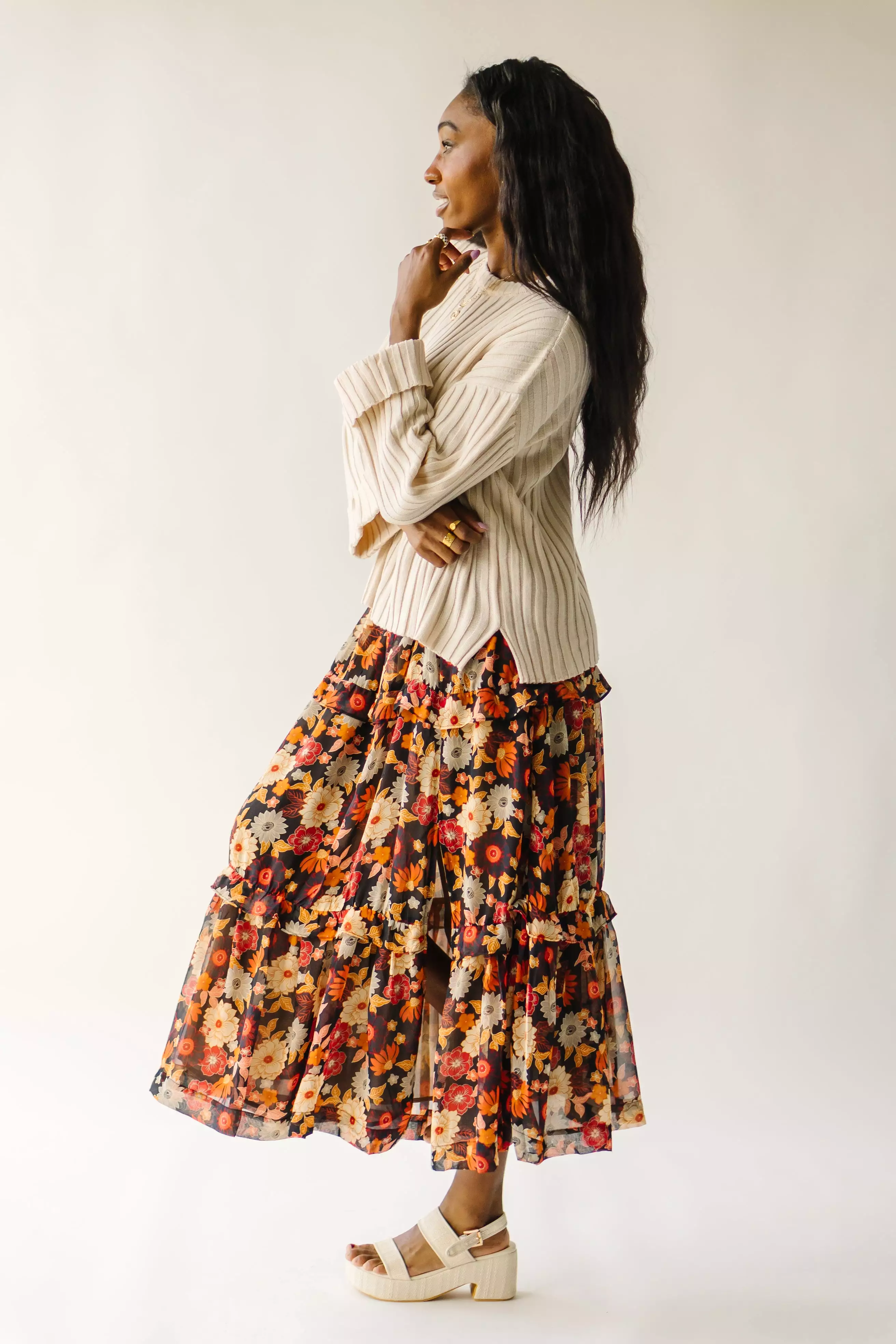 Bayless Midnight Bloom Tiered Maxi Skirt