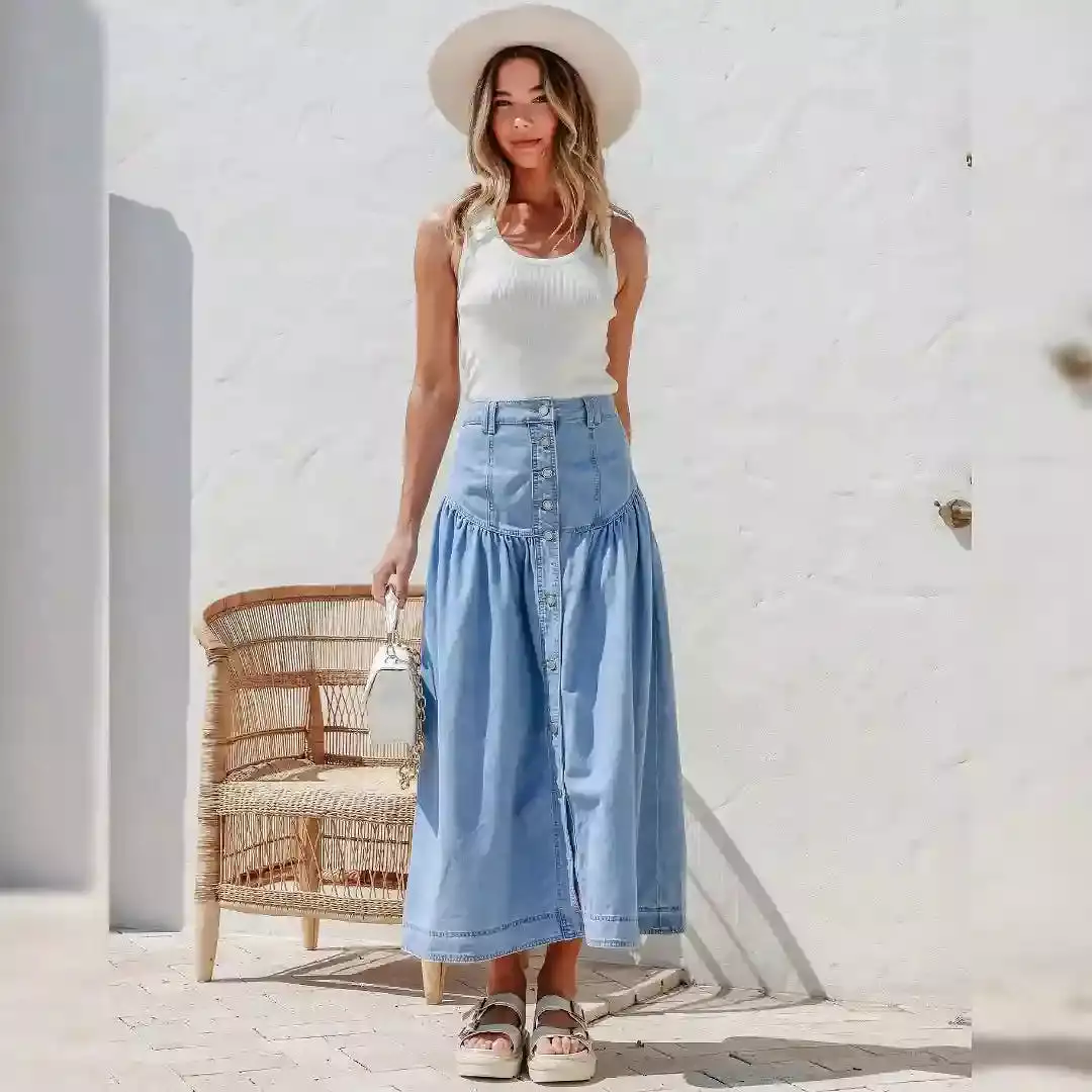 Beckham Chambray Denim Maxi Skirt Light Blue