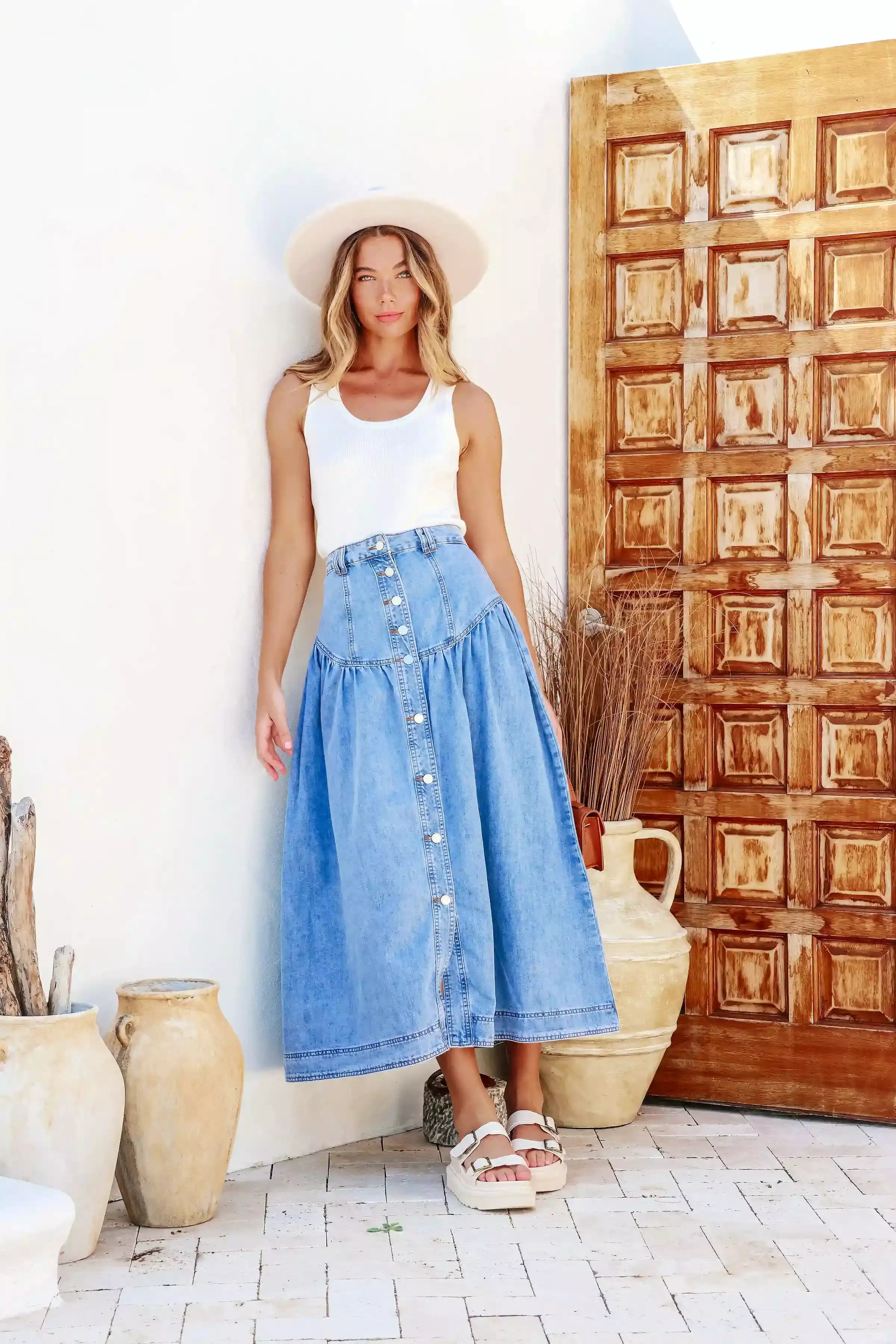 Beckham Chambray Denim Maxi Skirt Light Blue