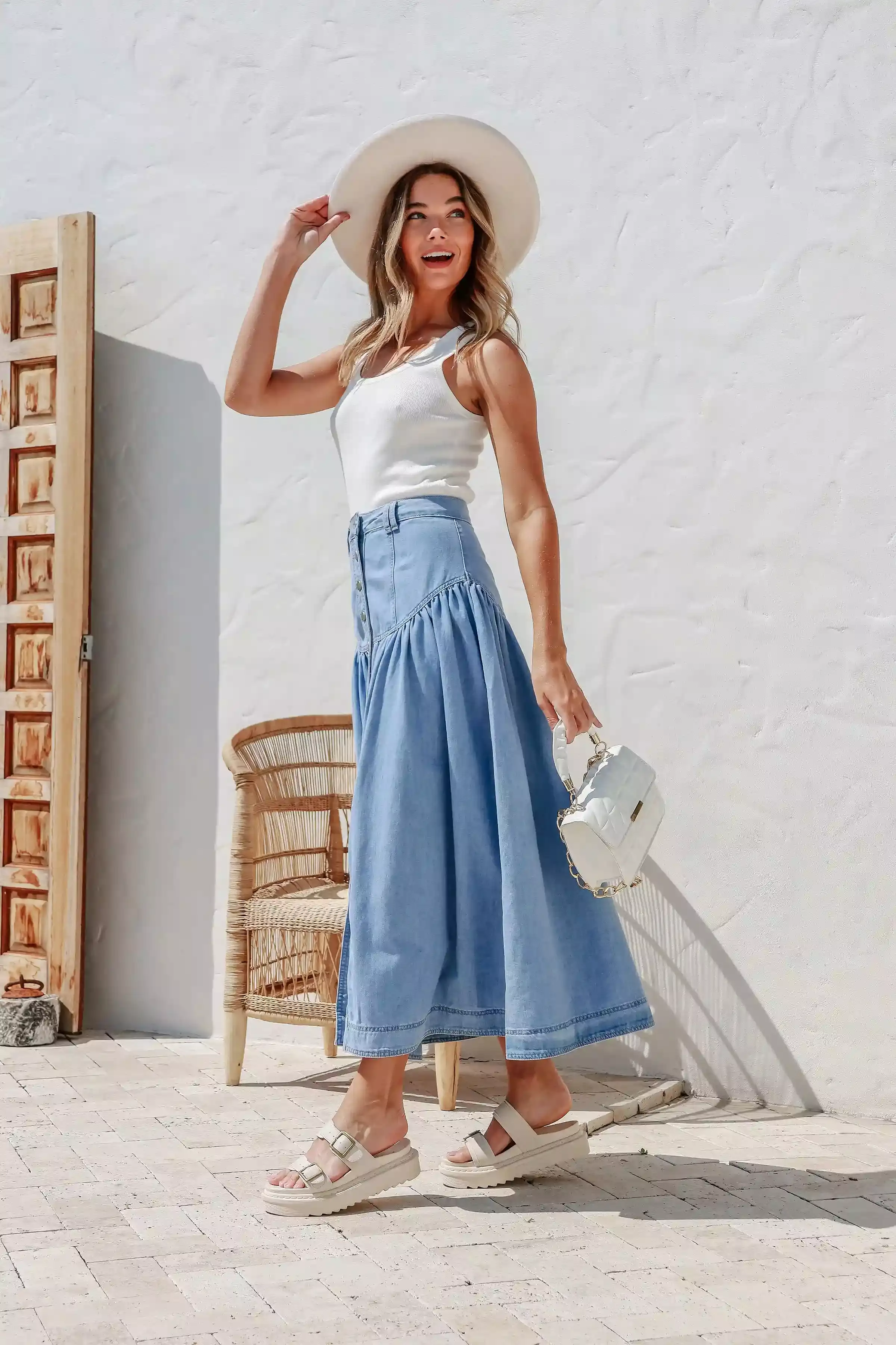 Beckham Chambray Denim Maxi Skirt Light Blue