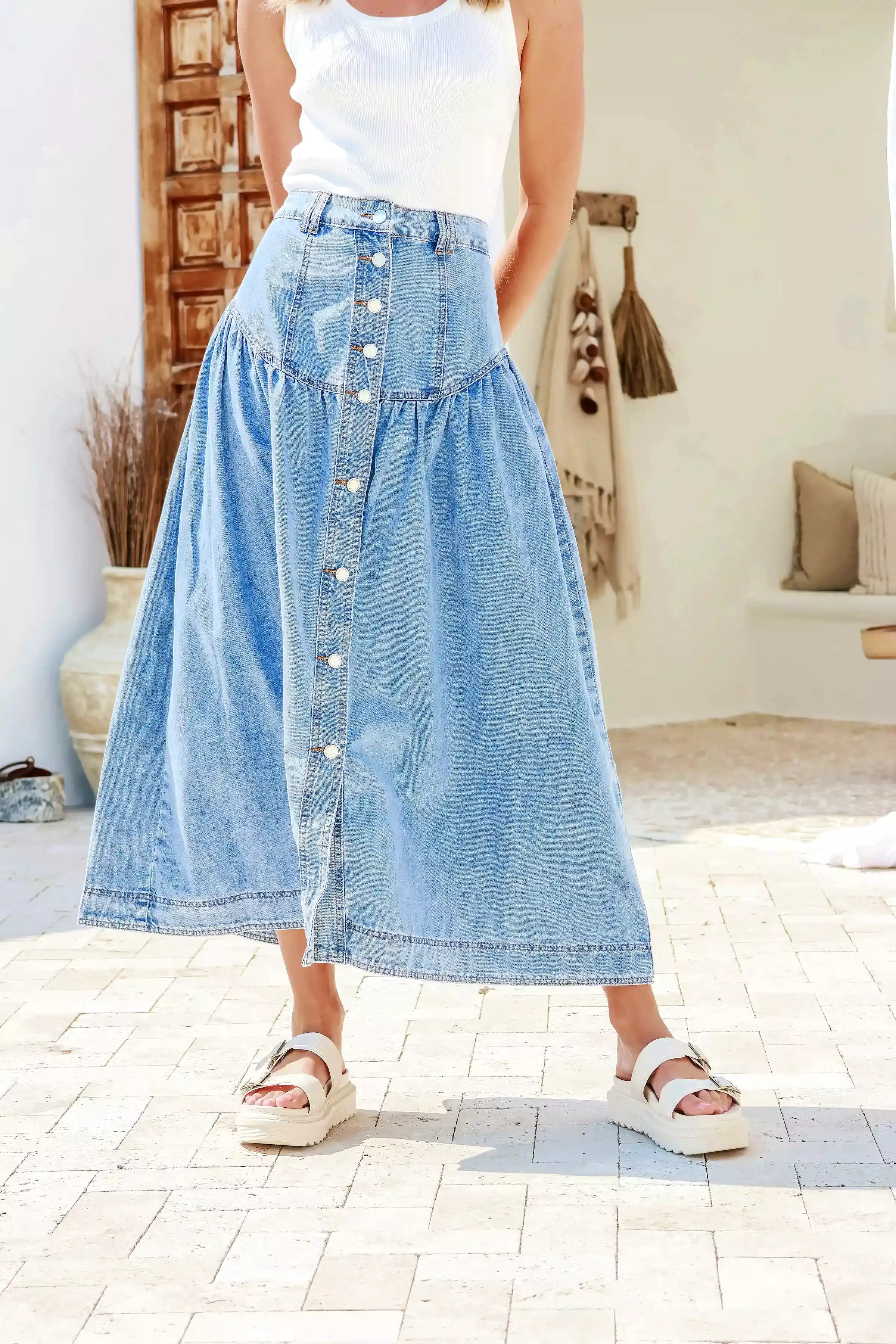 Beckham Chambray Denim Maxi Skirt Light Blue