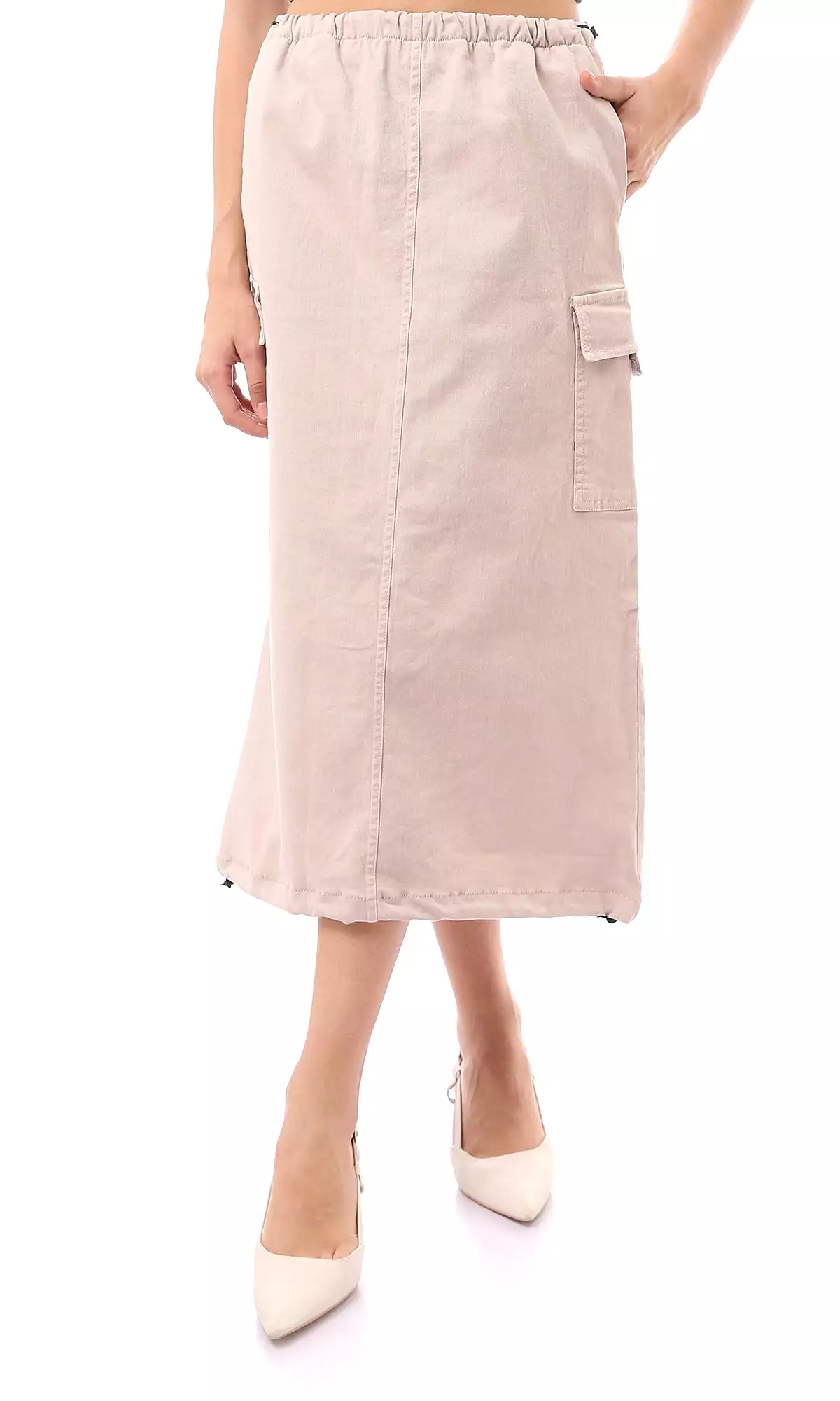 Beige Midi Skirt with Adjustable Elastic Waist