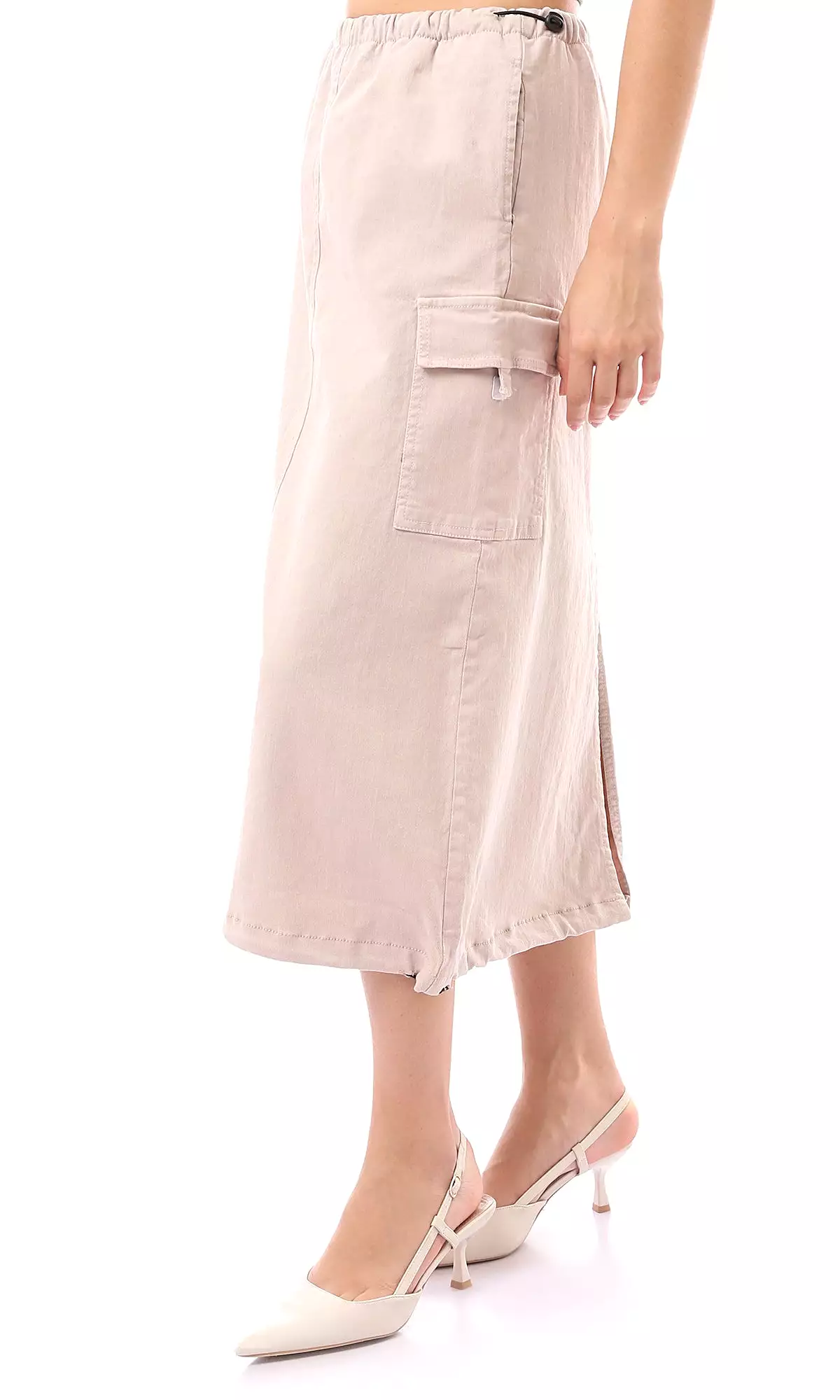 Beige Midi Skirt with Adjustable Elastic Waist