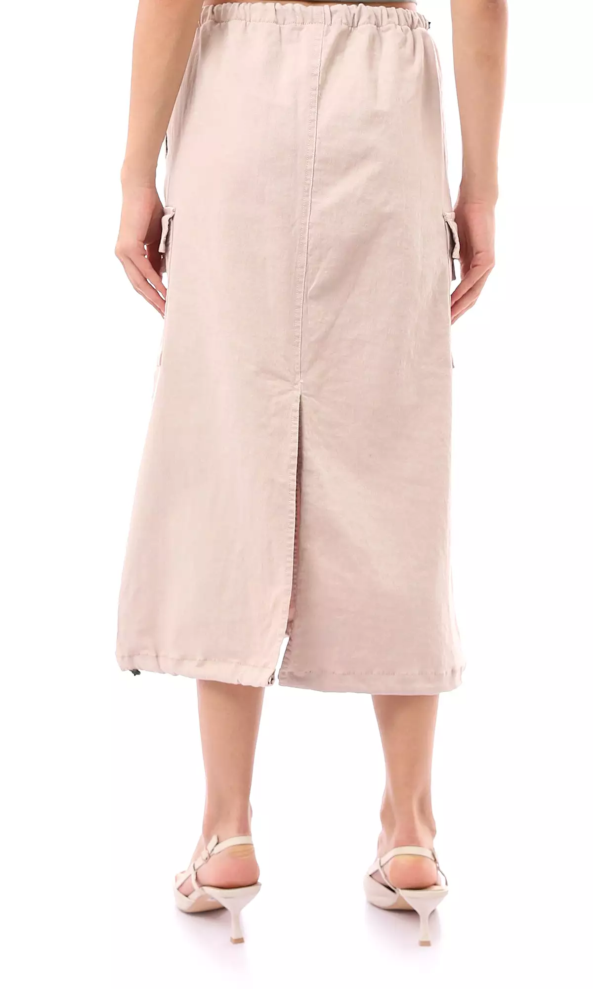 Beige Midi Skirt with Adjustable Elastic Waist