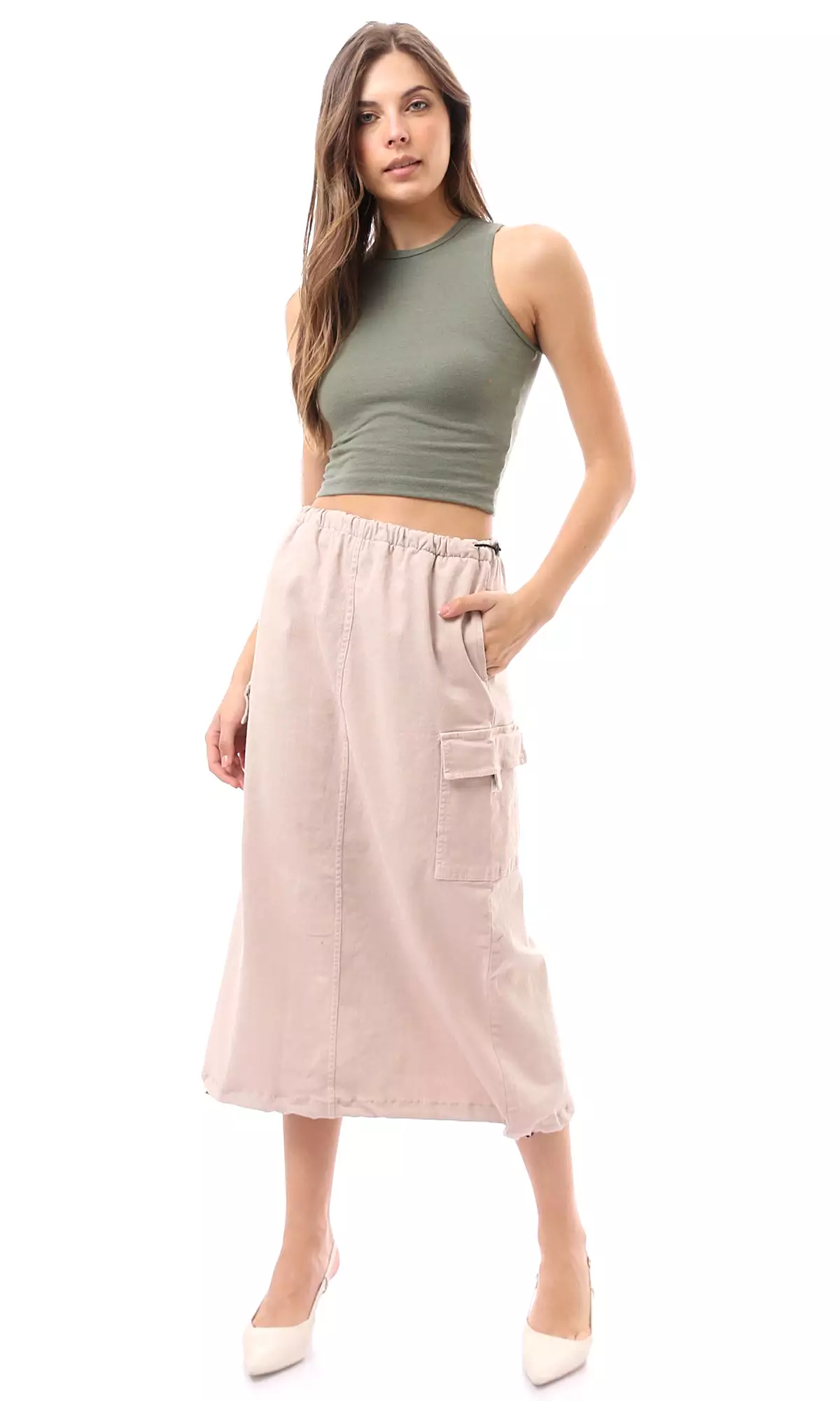 Beige Midi Skirt with Adjustable Elastic Waist