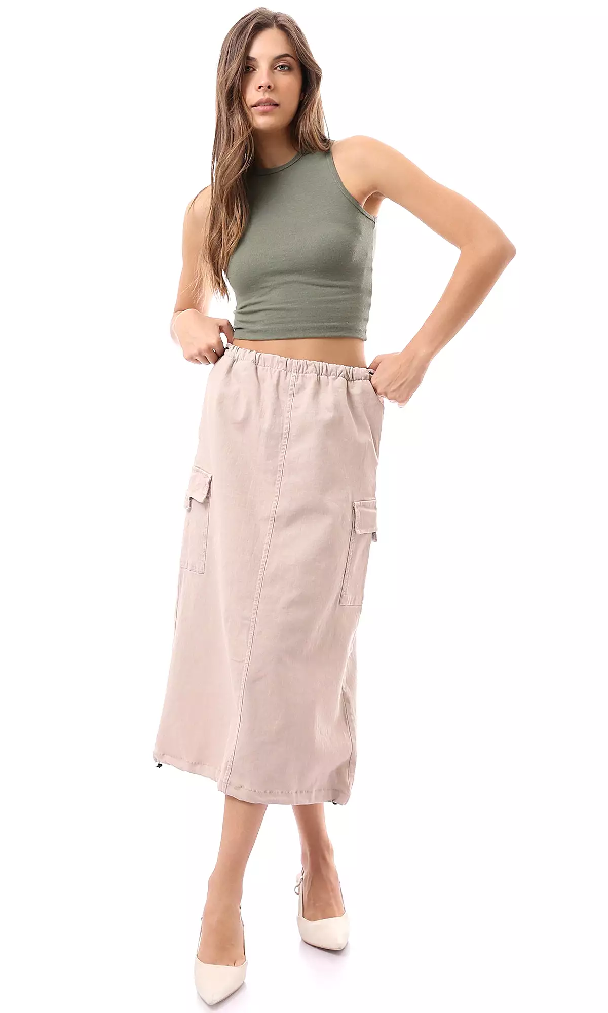 Beige Midi Skirt with Adjustable Elastic Waist