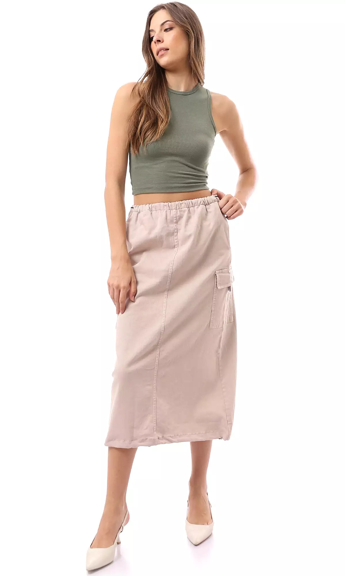 Beige Midi Skirt with Adjustable Elastic Waist