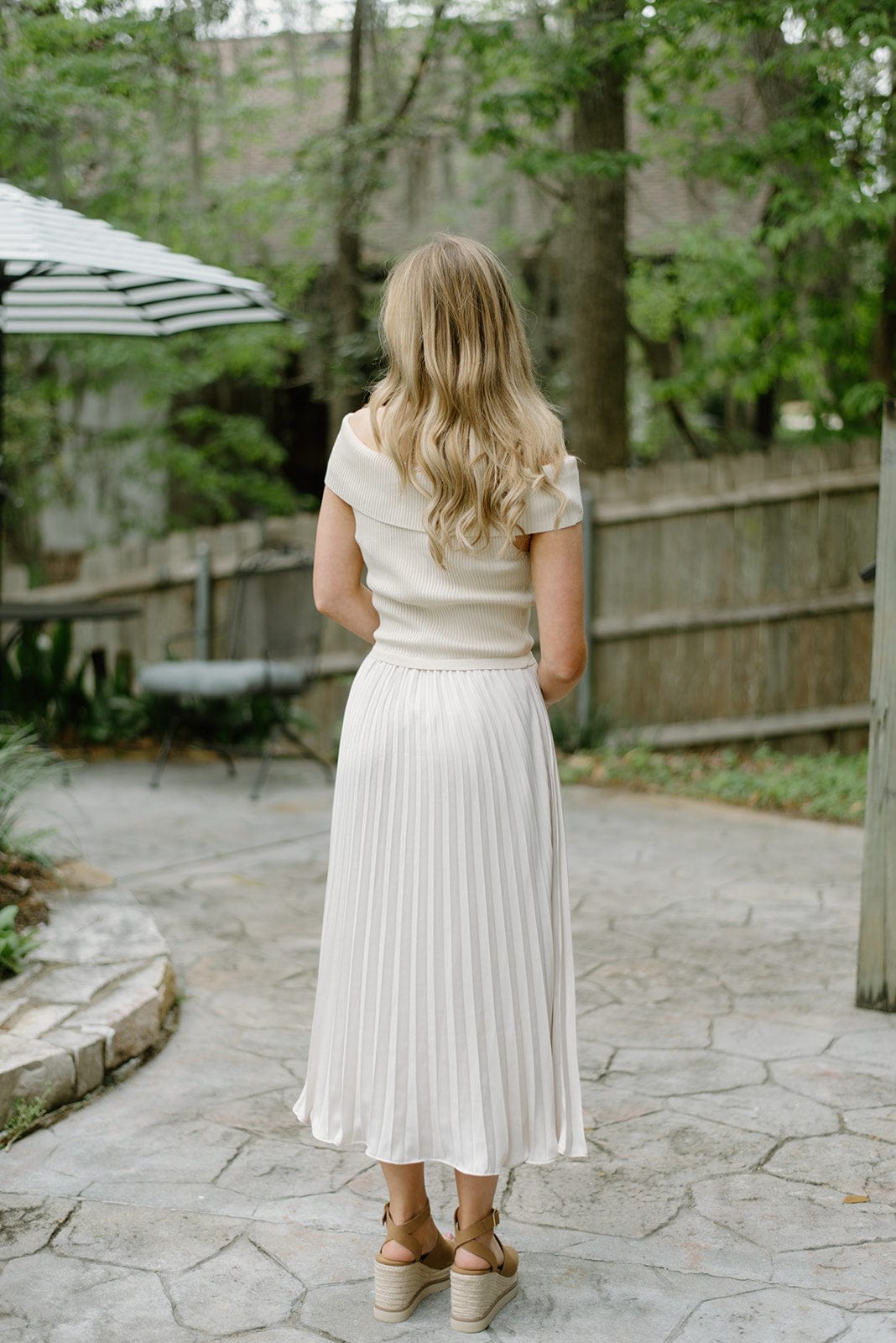 Beige Pleated Midi Dress - Off Shoulder Style