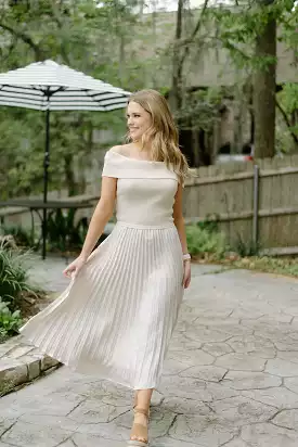 Beige Pleated Midi Dress - Off Shoulder Style