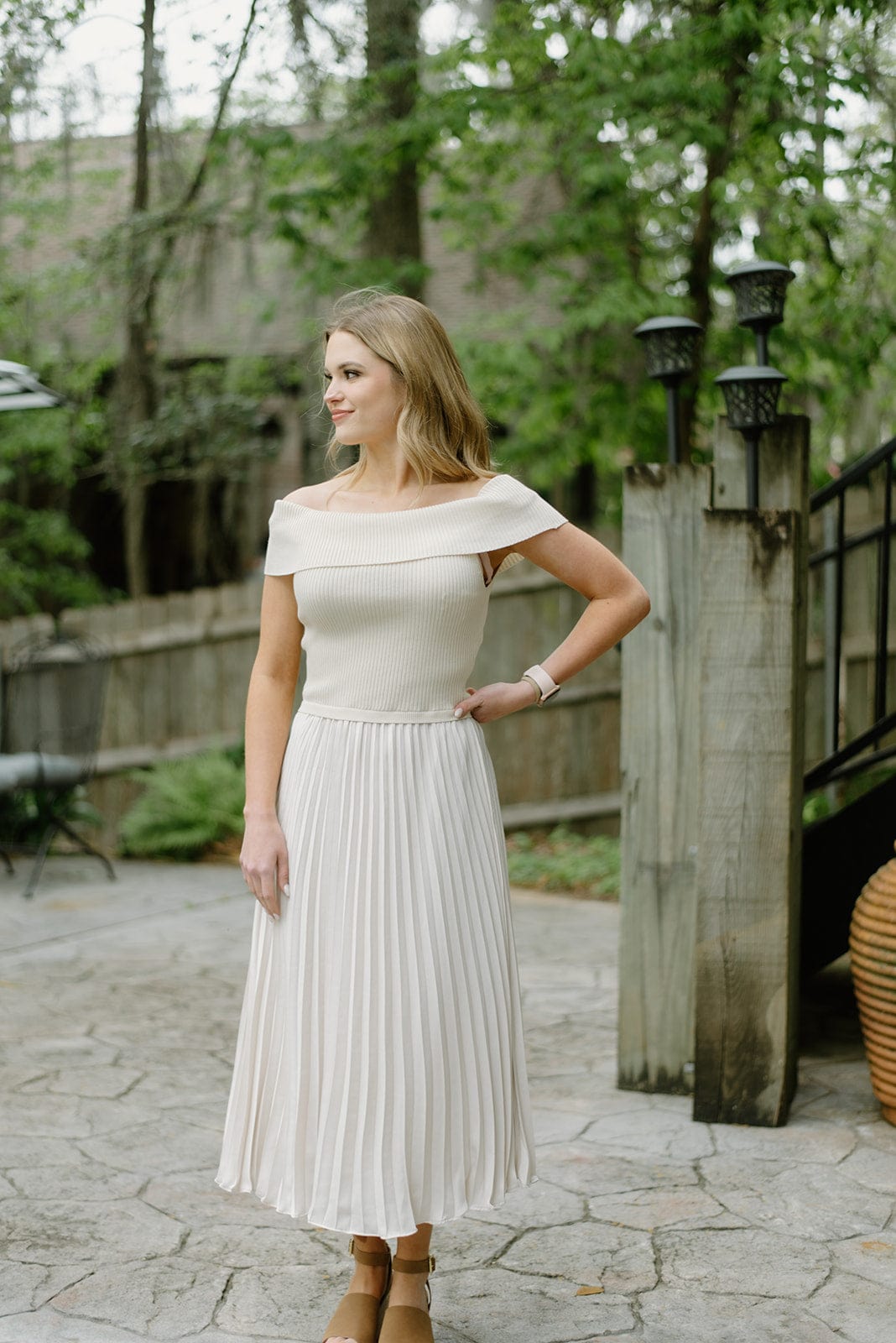 Beige Pleated Midi Dress - Off Shoulder Style