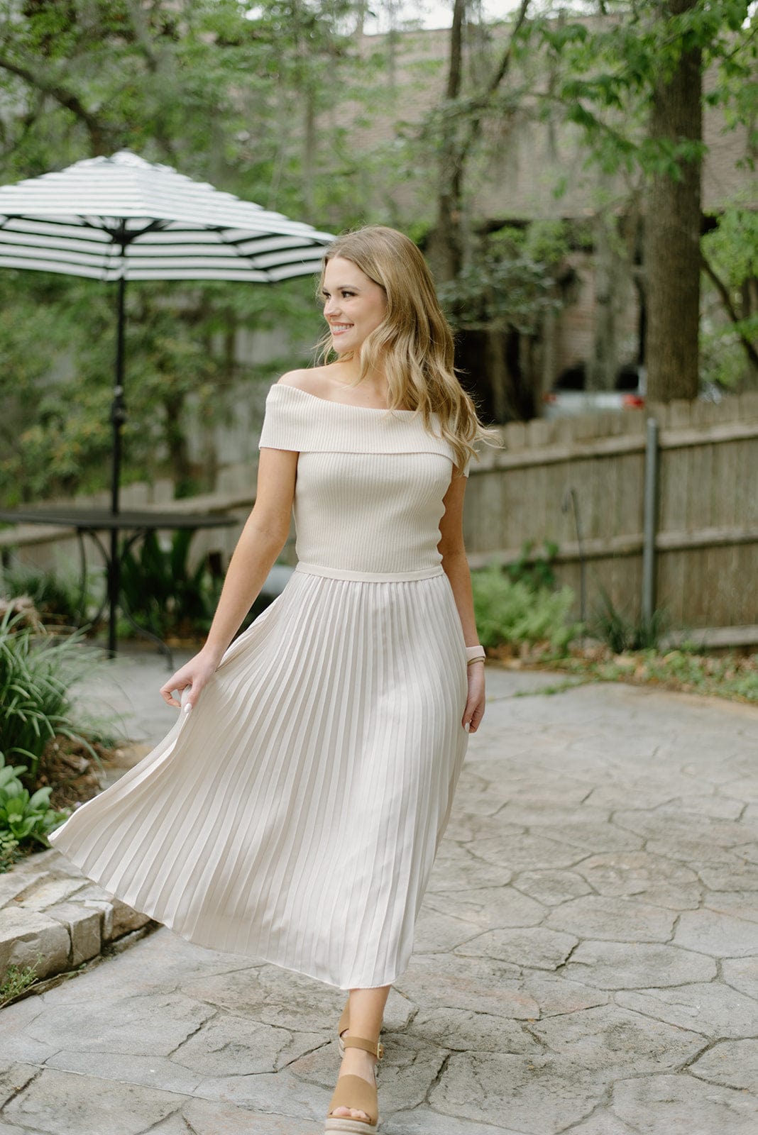 Beige pleated midi dress with off the shoulder design