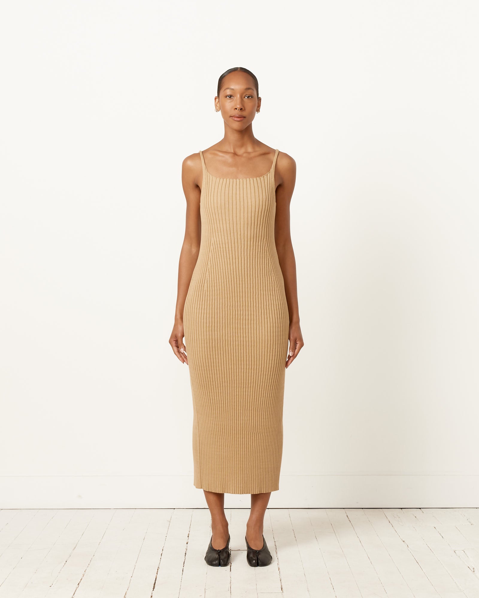 Beige Wide Rib Knit Dress