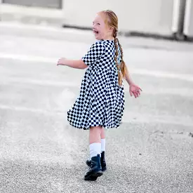 Black and White Checkered Dress with Mid-Length Sleeves