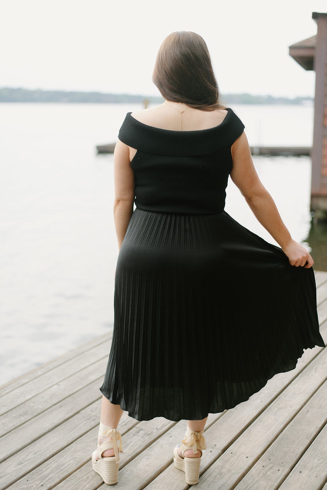 Black Pleated Off Shoulder Midi Dress