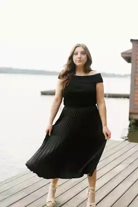 Black Pleated Off Shoulder Midi Dress