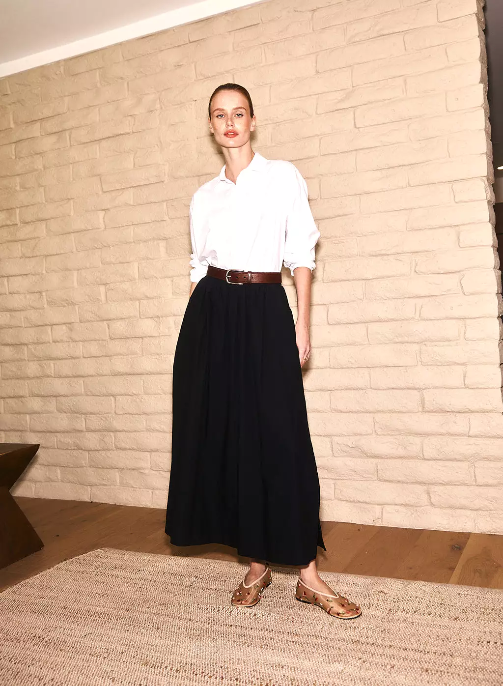 Black Poplin Double Slit Maxi Skirt