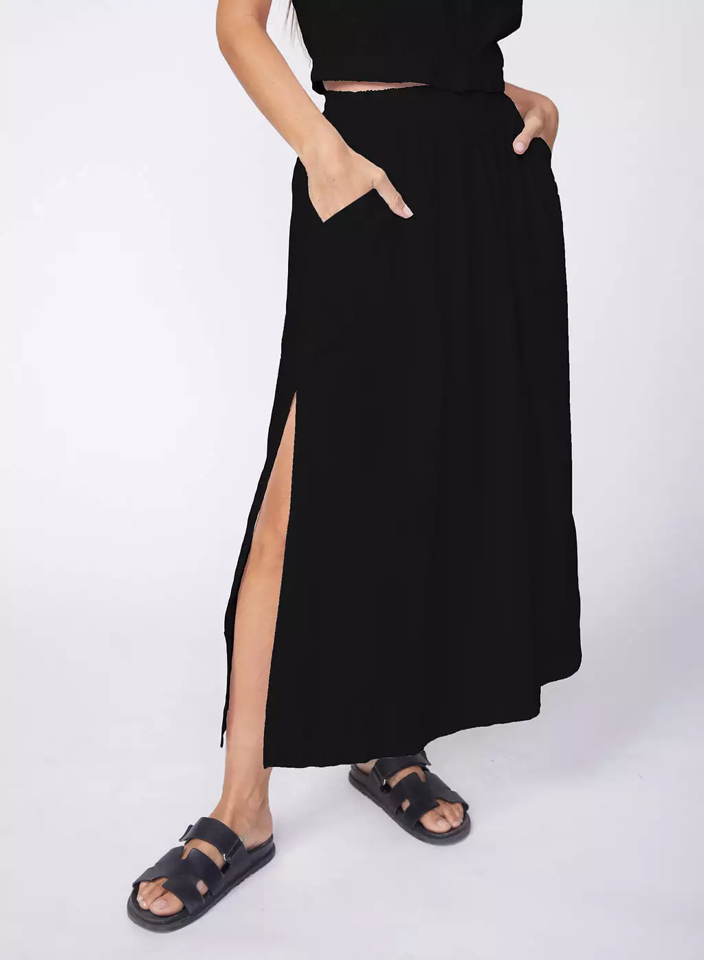 Black Poplin Double Slit Maxi Skirt