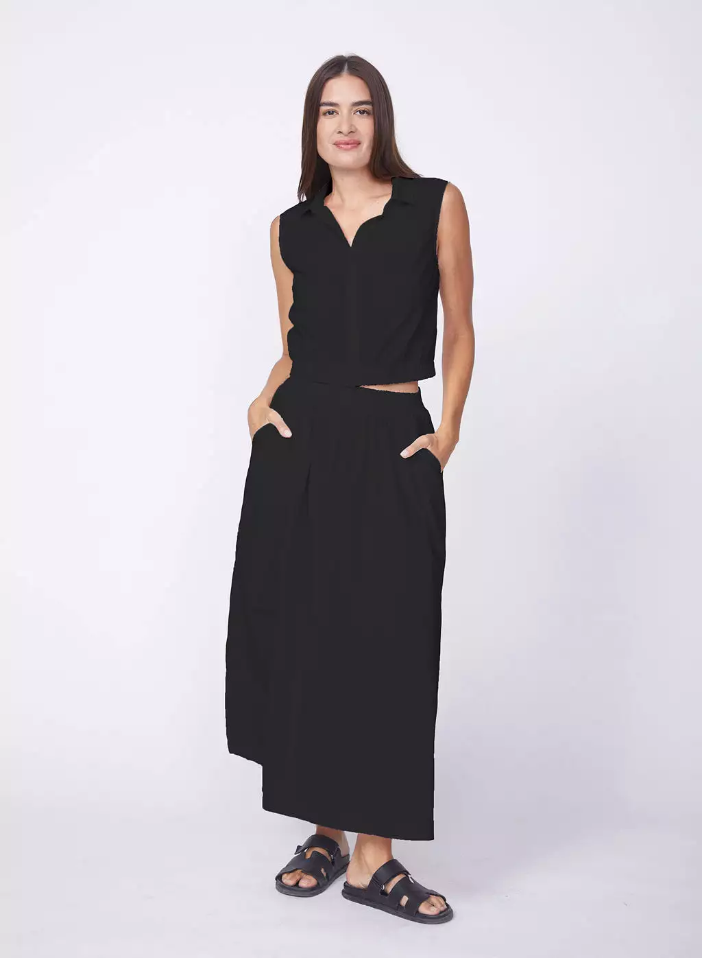 Black Poplin Double Slit Maxi Skirt