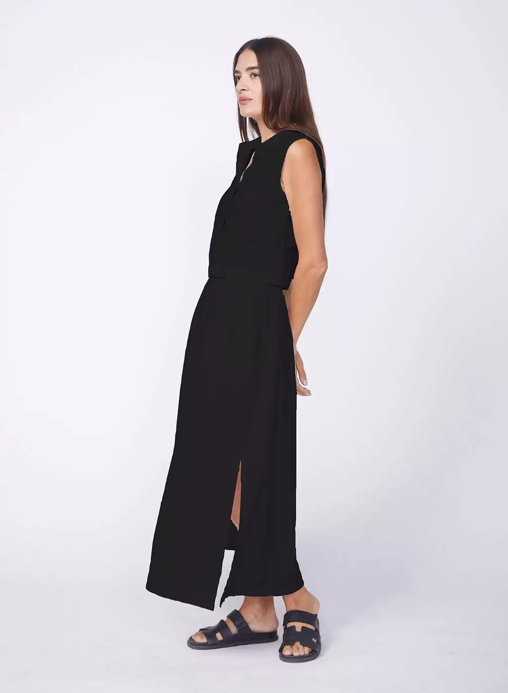 Black Poplin Double Slit Maxi Skirt