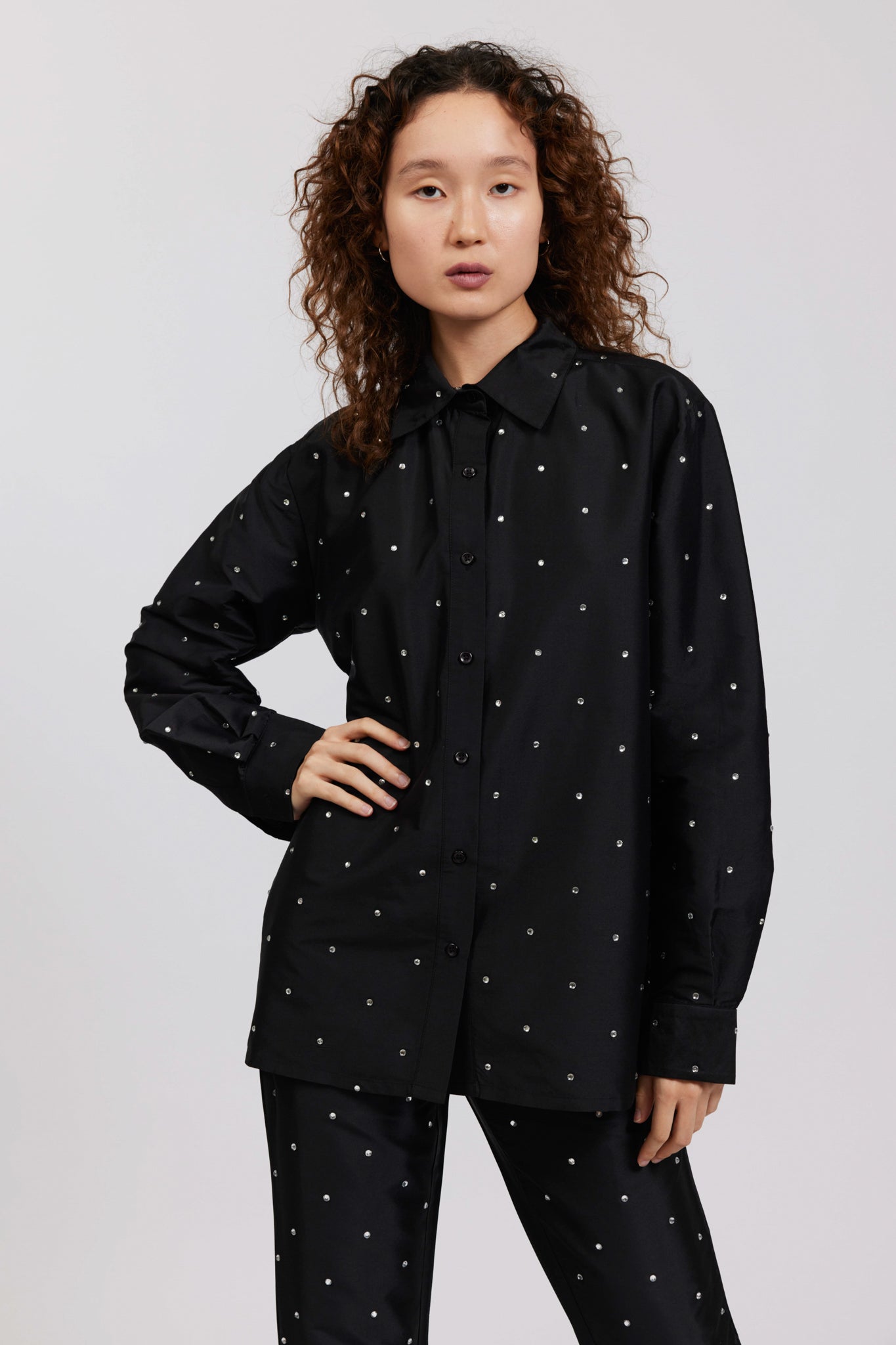 Black Rhinestone Oversized Button Up