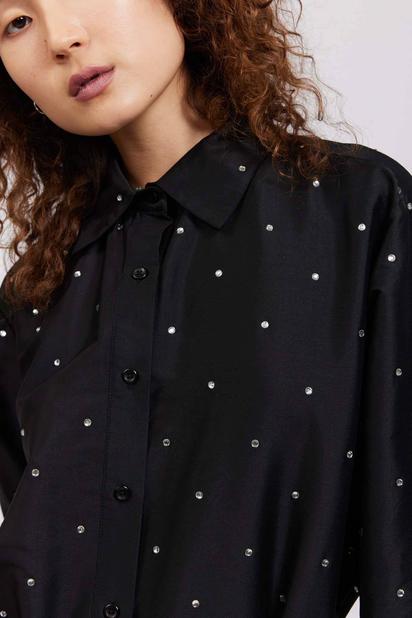 Black Rhinestone Oversized Button Up