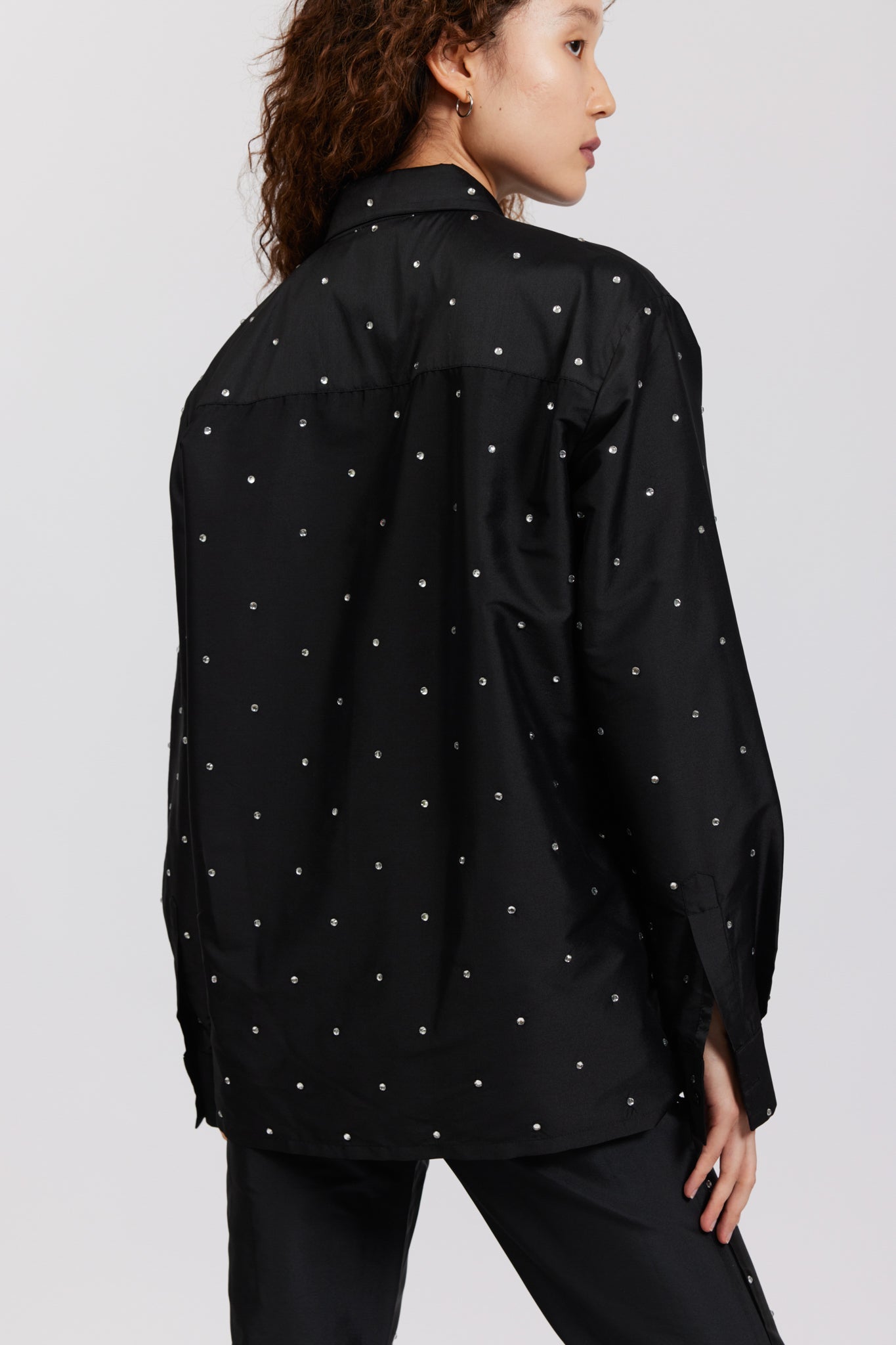 Black Rhinestone Oversized Button Up