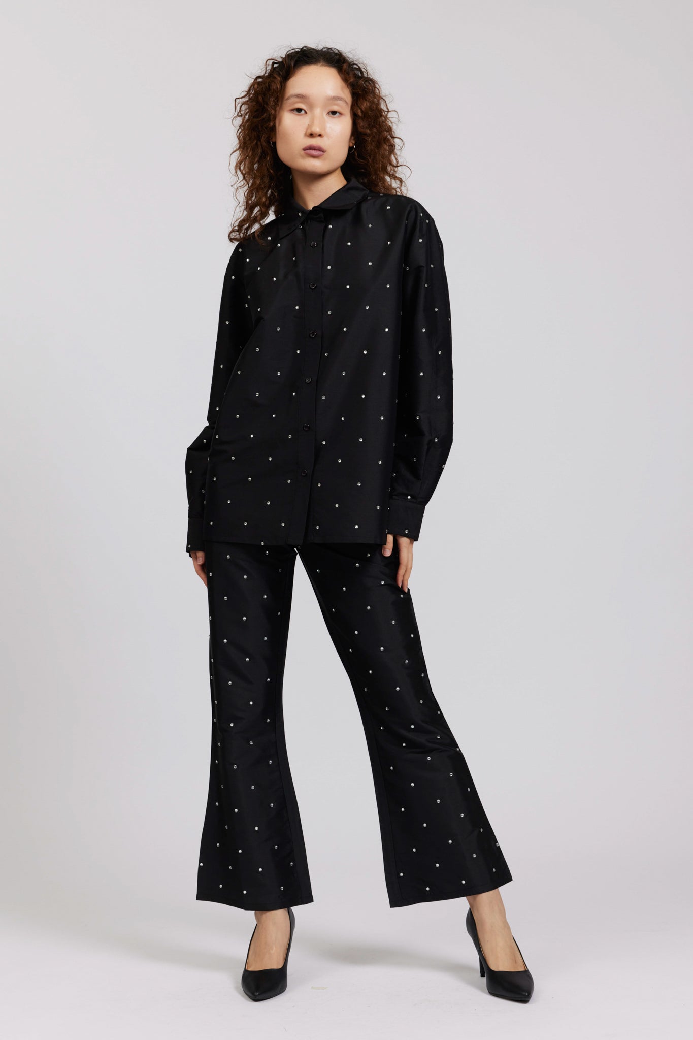 Black Rhinestone Oversized Button Up