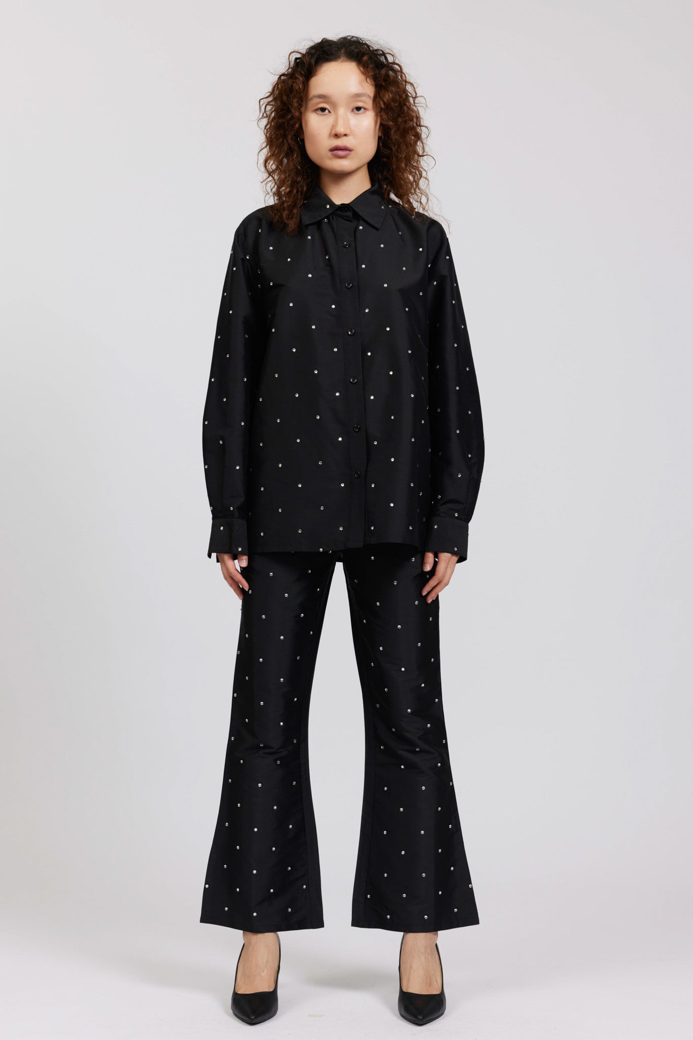 Black Rhinestone Oversized Button Up