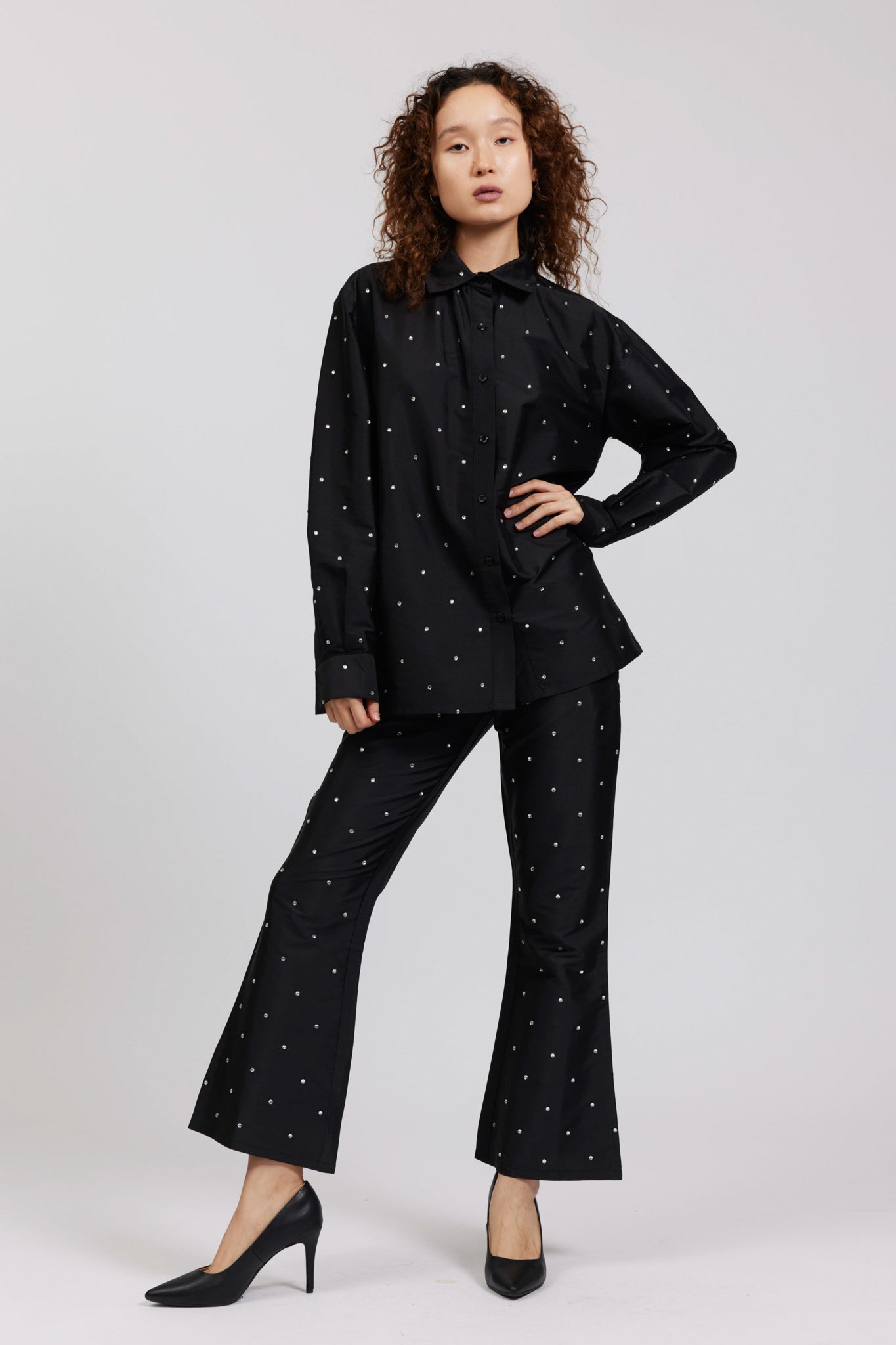 Black Rhinestone Oversized Button Up