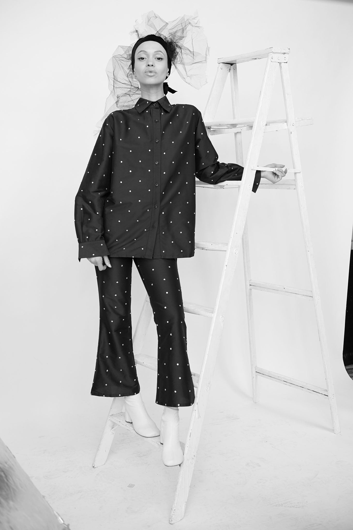 Black Rhinestone Oversized Button Up