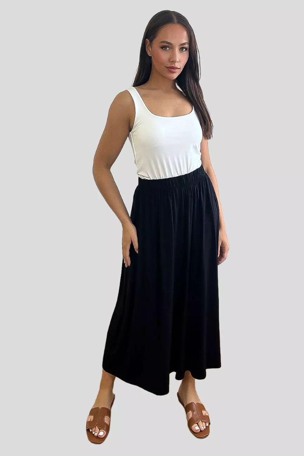 Black Stretchy Midi Skirt with Elastic Waist