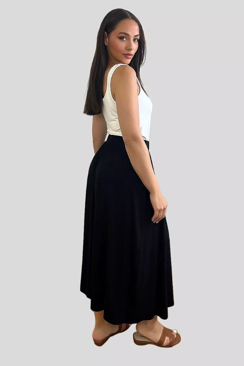 Black Stretchy Midi Skirt with Elastic Waist