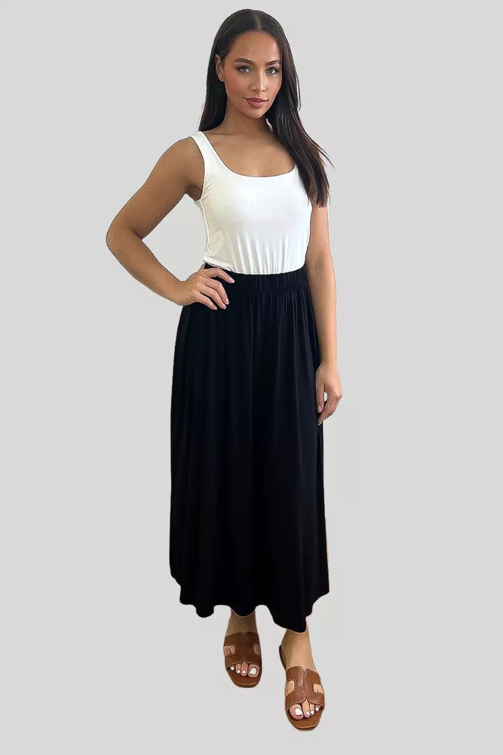 Black Stretchy Midi Skirt with Elastic Waist