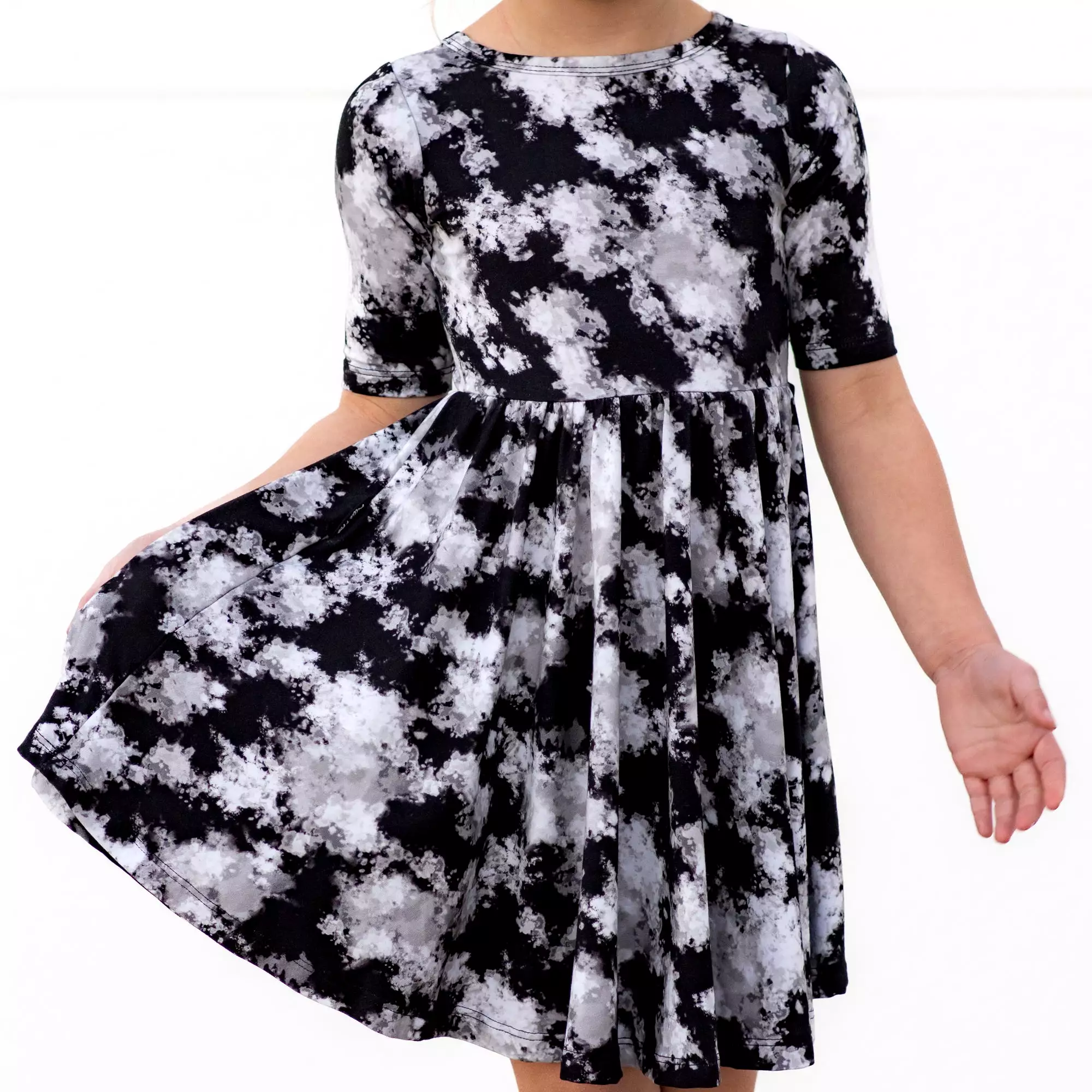 Black Tie Dye Mid Sleeve Twirl Dress