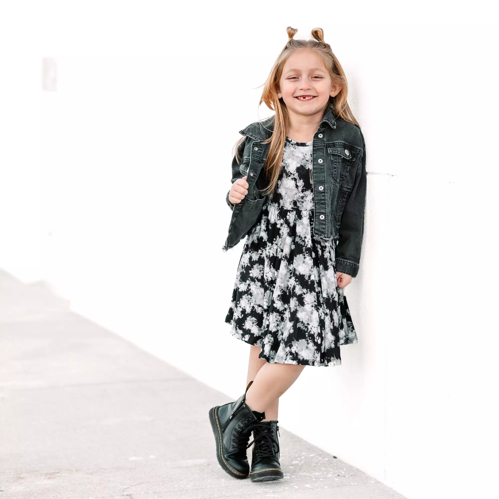 Black Tie Dye Mid Sleeve Twirl Dress