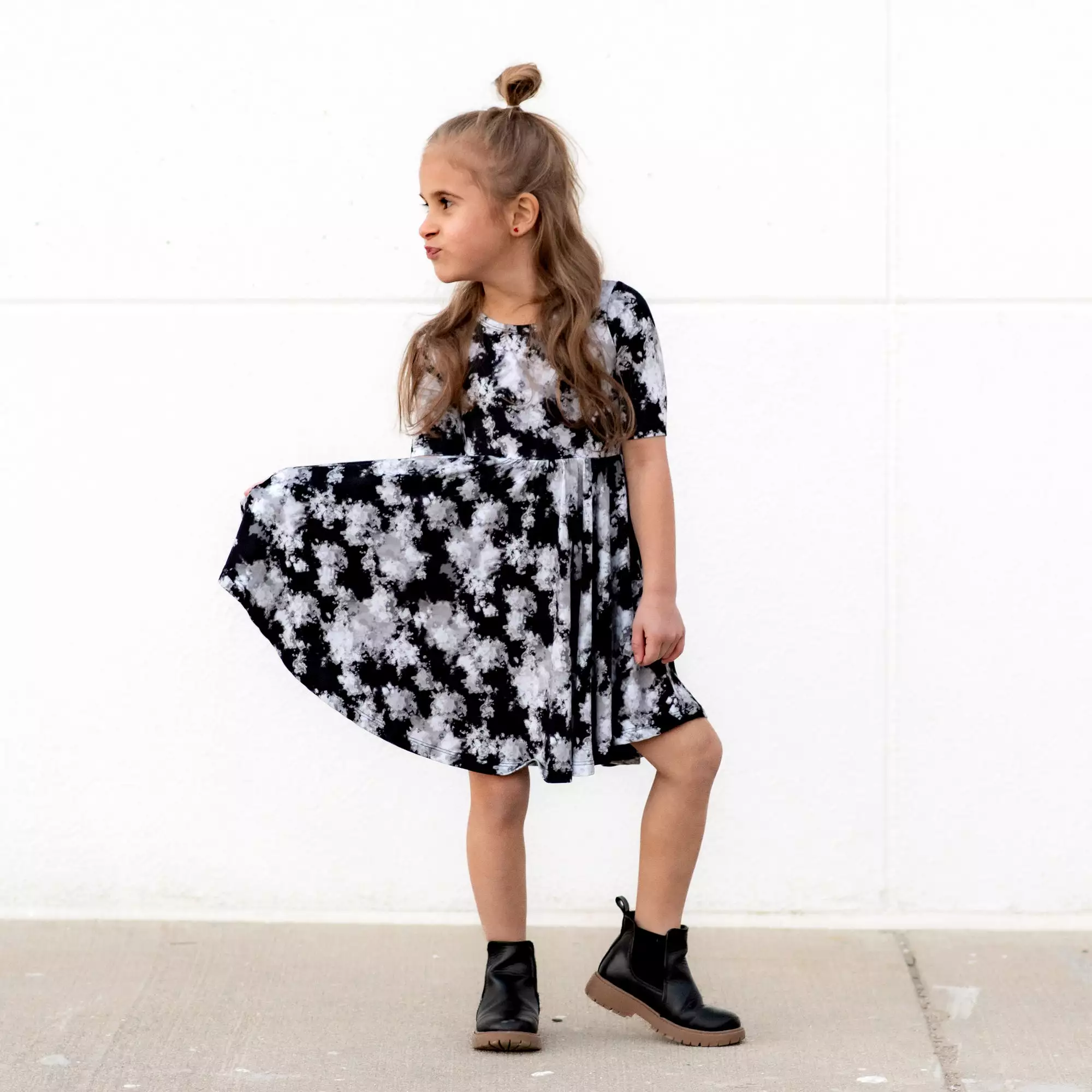 Black Tie Dye Mid Sleeve Twirl Dress