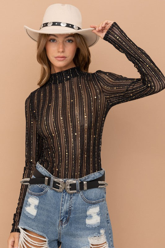 Blue Metallic Star Stripe Mesh Top