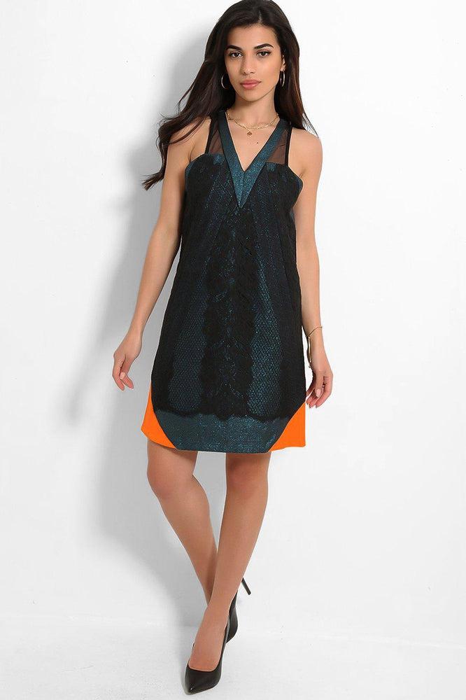 Blue Sparkle Jacquard V-Neck Dress with Orange Accents