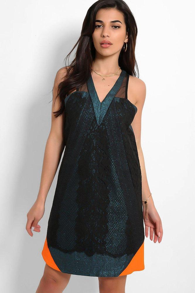 Blue Sparkle Jacquard V-Neck Dress with Orange Accents