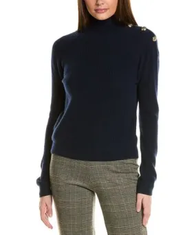 Bruno Magli Cashmere Sweater with Ribbed Button Shoulder Mock Neck