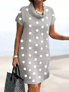 Casual Cotton Linen Shift Dress Midi Length Cowl Neck Print Sleeve