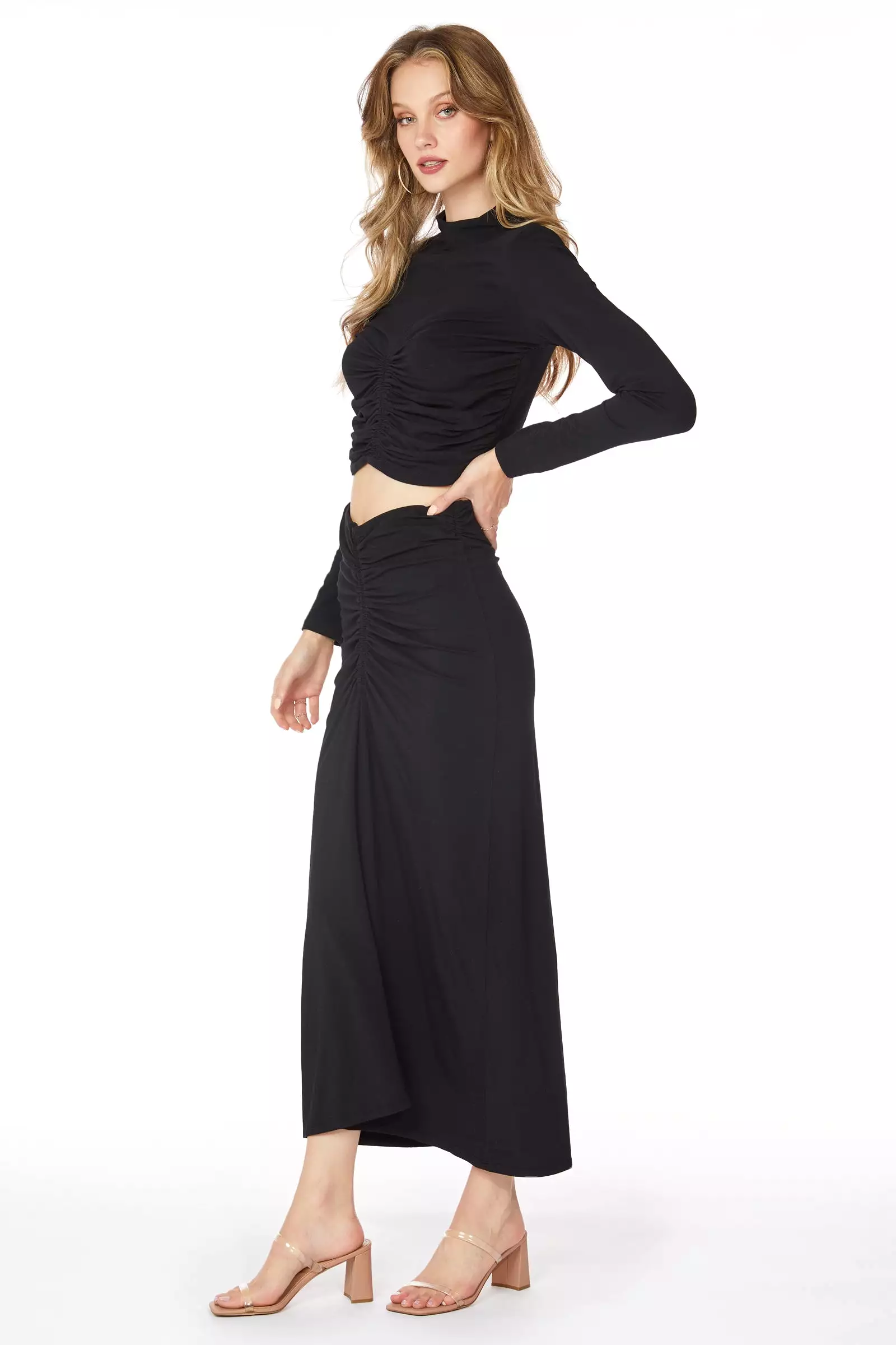 Center Front Ruched Maxi Skirt